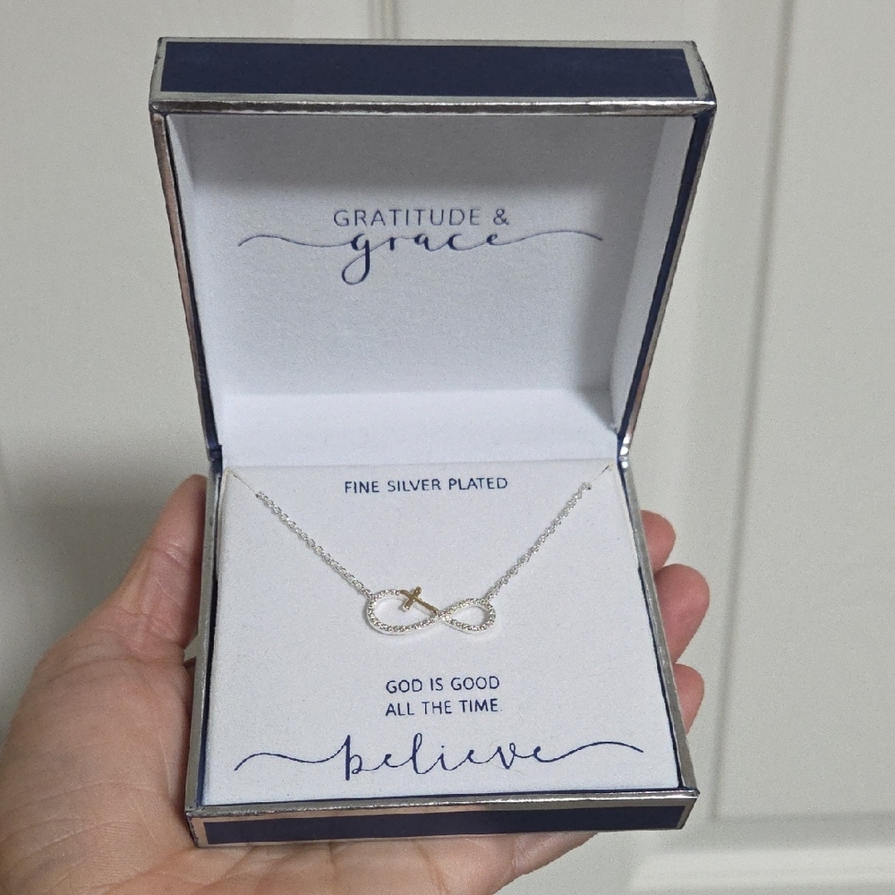 Silver Plated Infinity Cross Necklace - White/Silver